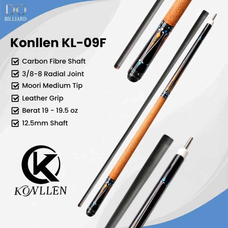 Stick Billiard KONLLEN KL-09F Carbon Cue Leather Grip Low Deflection / Stick Konllen KL-09F Dobillia