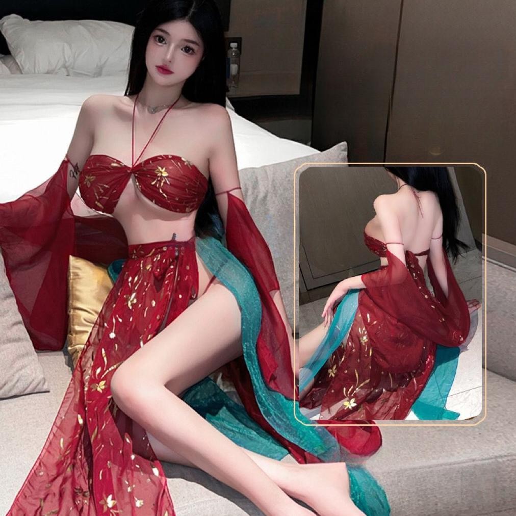 indahnya69 Setelan Jala Gaya Eksotis Gaun Tidur Gaya Kuno Atasan Tabung Retro Siaran Pakaian Hidup