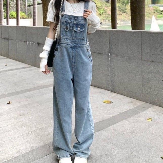 Jumpsuit Jeans Wanita Longgar Lurus Stretchy S2Xl