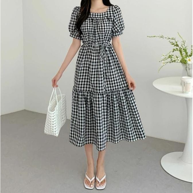 Db77>> Dress Samola / Dress Kotak-Kotak / Dress Wanita Korea Terbaru