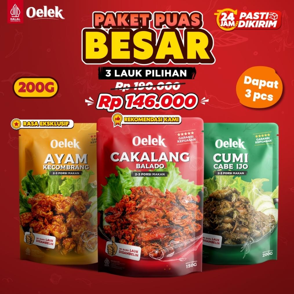 

TERLARIS Oelek Paket Puas Besar 3 Lauk Pilihan Cumi Cabe Ijo / Ayam Kecombrang / Cakalang Balado / Lauk Siap Saji / Lauk Pedas Siap kirim