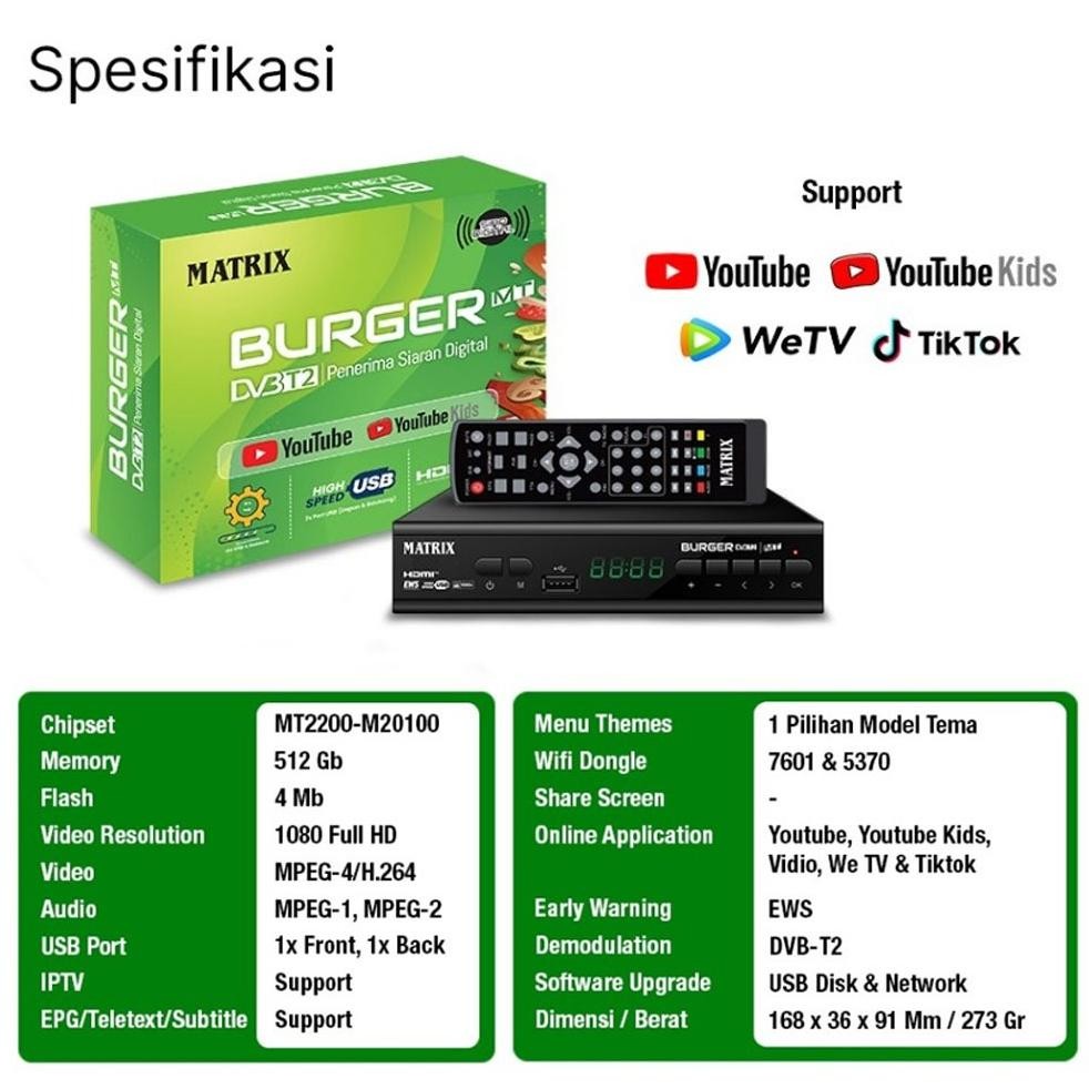Matrix Set Top Box Tv Digital & Receiver Tv Digital Dvbt2 Matrix Burger Hijau 4Mb Support Youtube