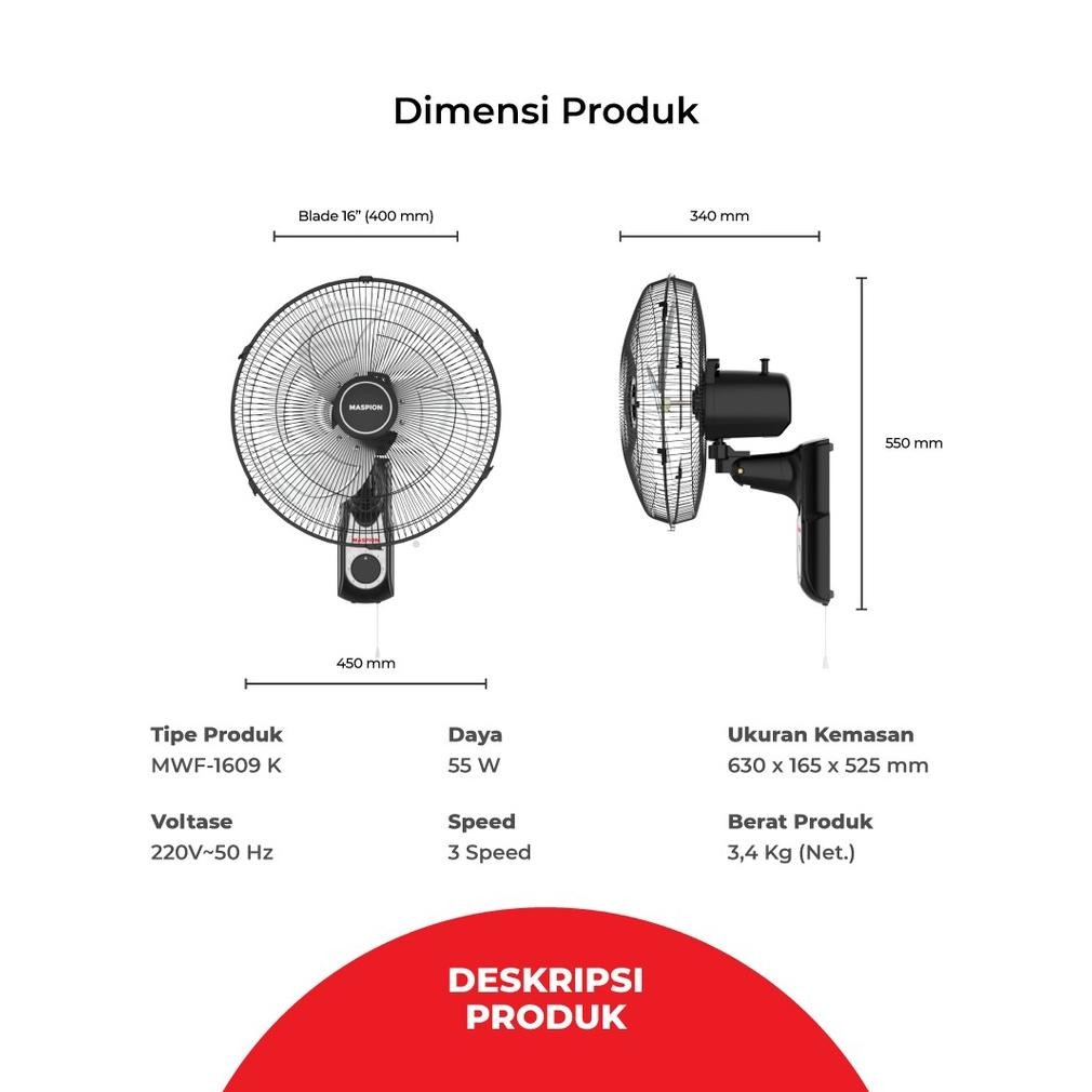 Maspion Mwf 1609 K / Wall Fan 16 In / Kipas Angin Dinding / Mwf1609K