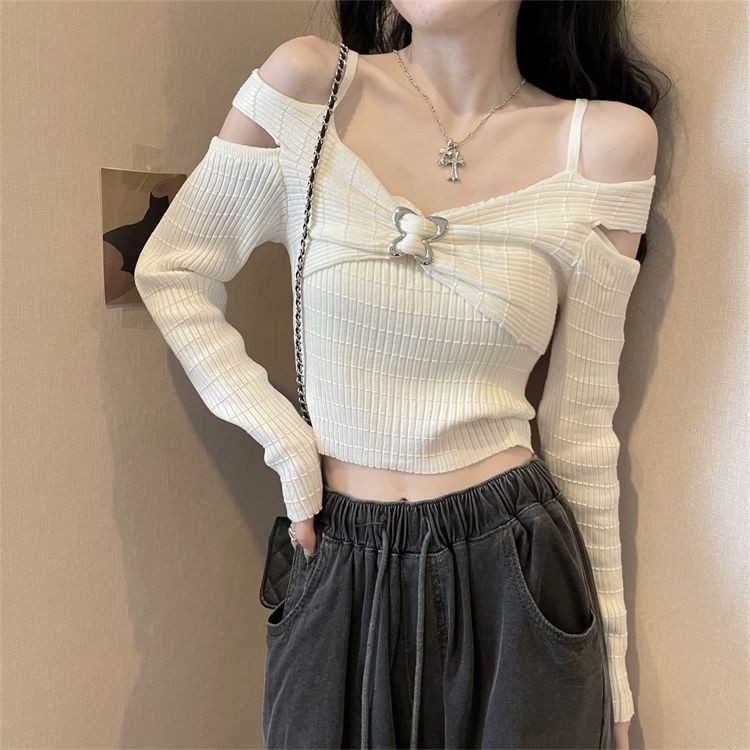 Verve WardrobeRompi Sweater Lengan Panjang Putih Rajutan Sweater Wanita Musim Gugur Ramping Atasan P