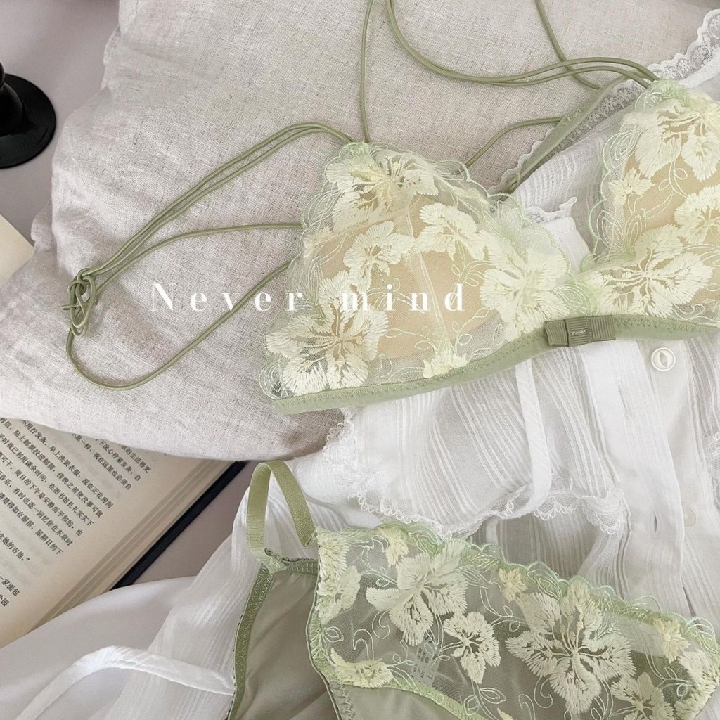 [Yunrouju]Set bra cup segitiga ultra tipis tanpa cincin baja seksi Prancis yang cantik