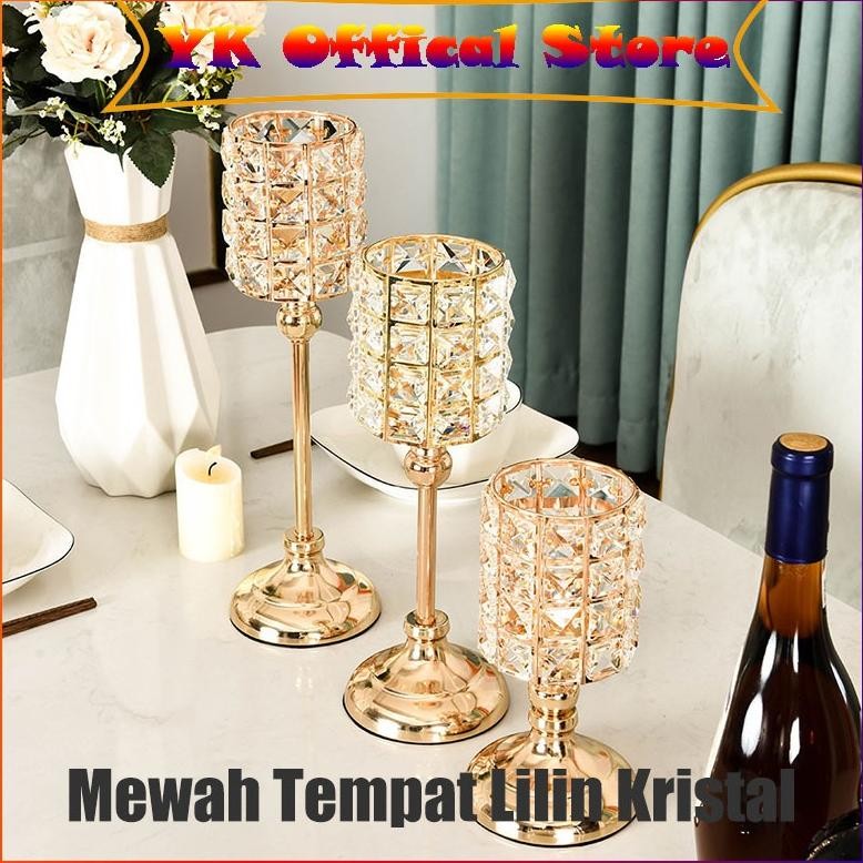 Tempat Lilin Kristal Meja Makan Mewah Elegant Crystal Standing Candle Holder Tempat Lilin Mewah Vas 
