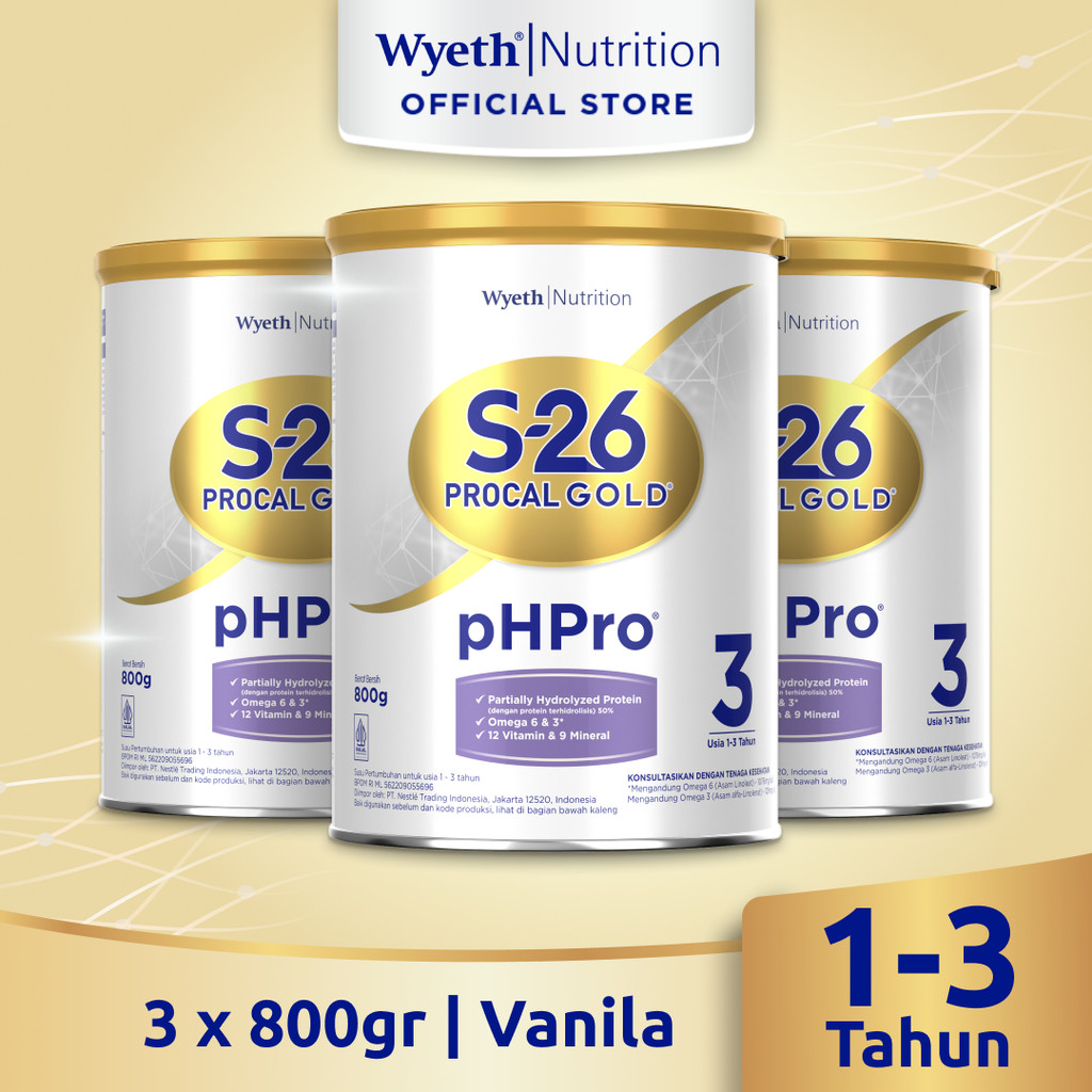S-26 Procal GOLD pHPro Tahap 3 Susu Pertumbuhan Anak Usia 1-3 Tahun, Kaleng 800g, Bundle isi 3