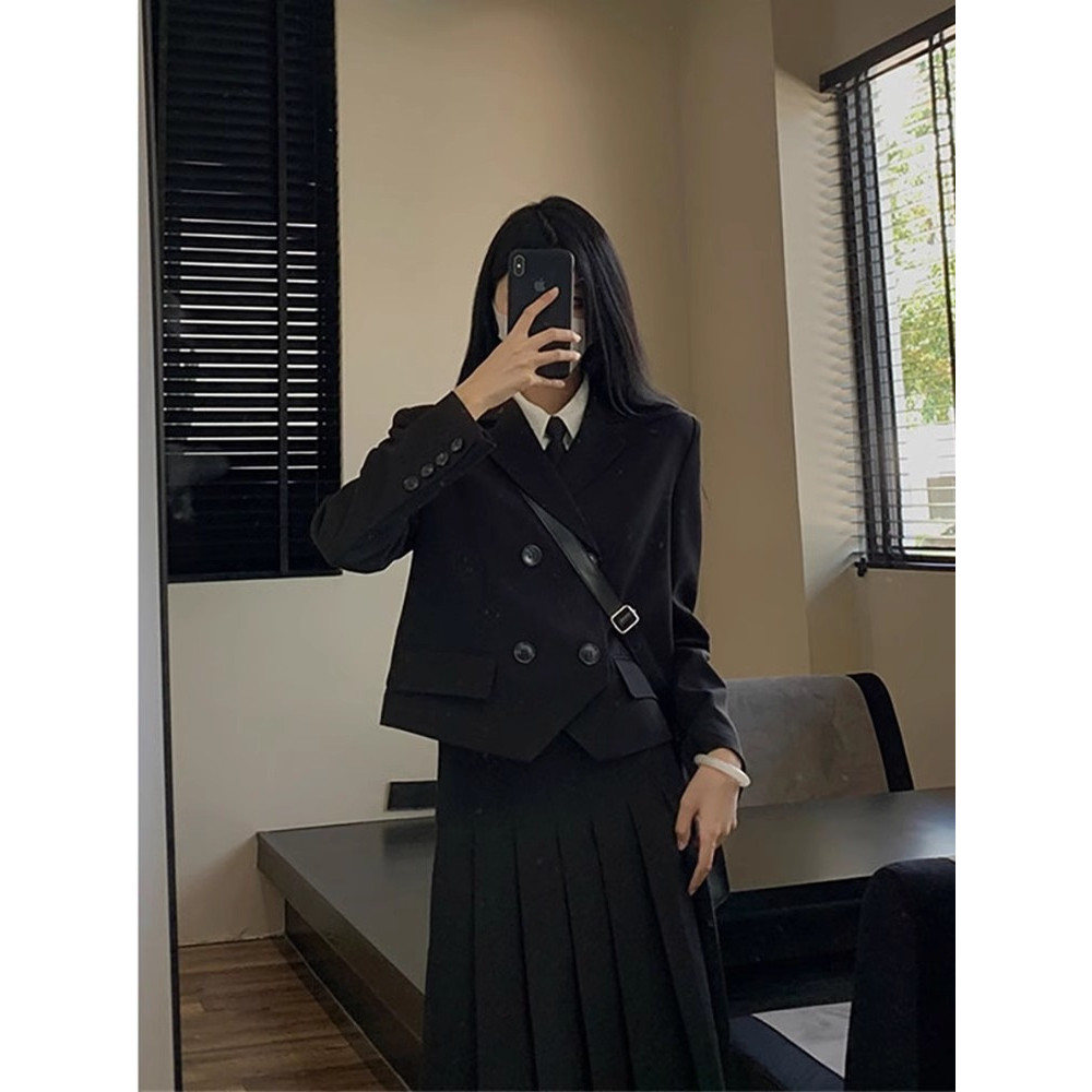 Set Dua Potong Gaun Blazer Lengan Panjang Gaya Preppy