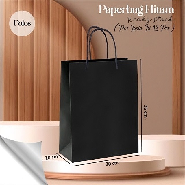 

(12 PCS) Paper Bag HITAM 20x25x10 cm - Tas kertas Goodie Bag Paperbag BLACK Murah Ready Stock