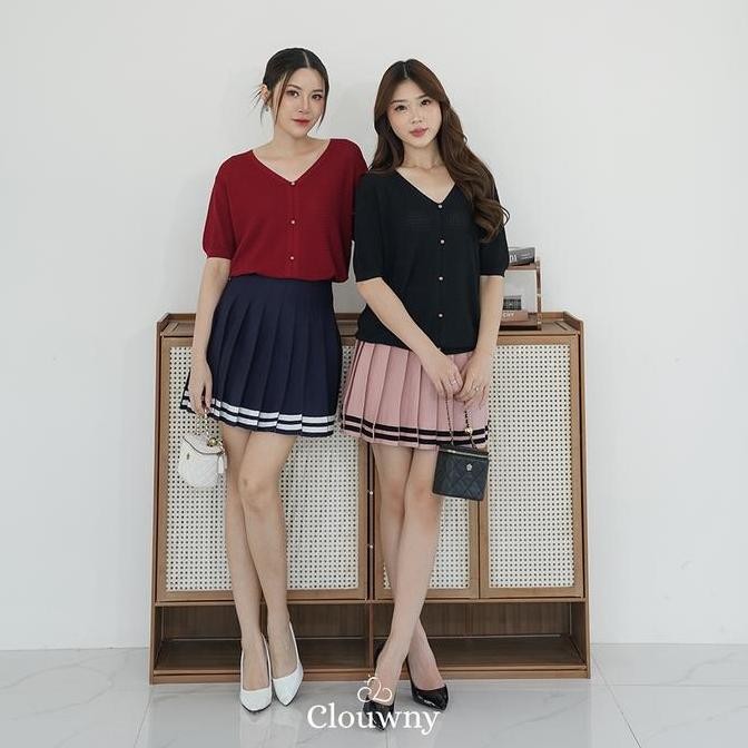Clouwny Stripes Tennis Skirt Rok Wanita Korea Modern Korean Premium Knitt Pendek Pink Mini Panjang r