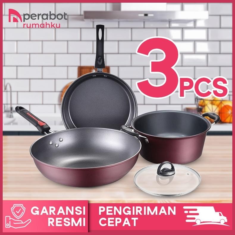 Panci Wajan Set 3 in 1 - Panci Set Lengkap - Panci Penggorengan Set