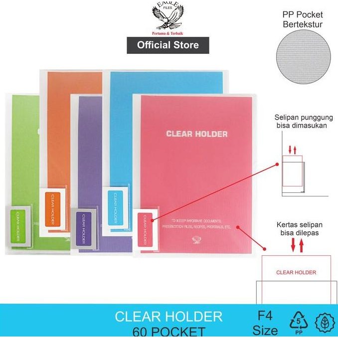 

TERMURAH - EAGLE FILES Clear Holder / Dokumen Keeper / Display Book / Document Keeper Transparan Neon F4 (Folio) 60 Pocket