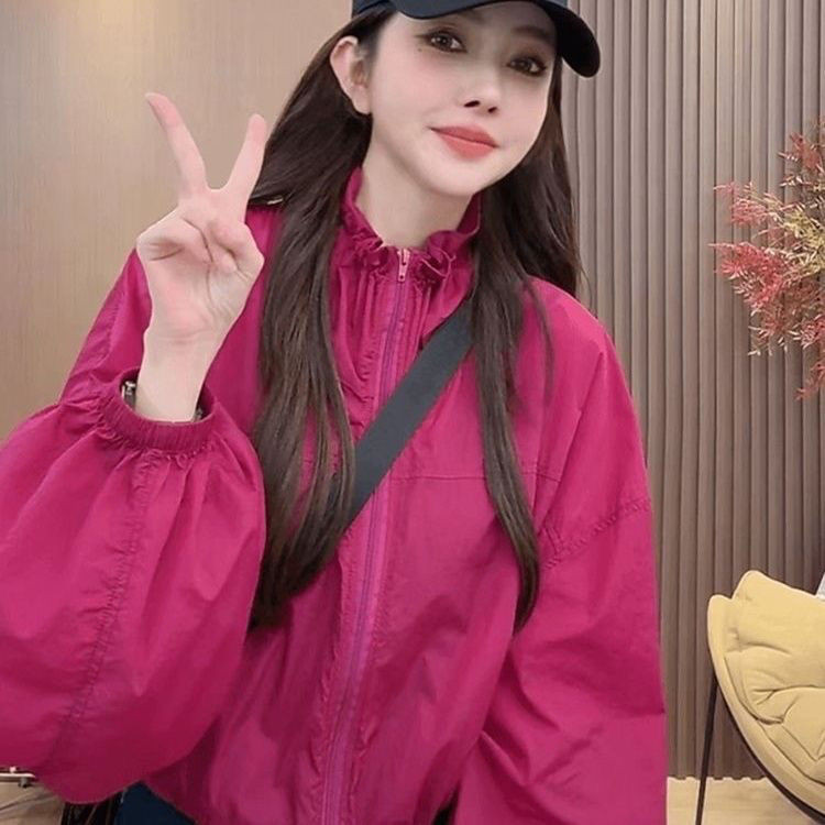 Jaket Pendek Retro Pemutih Ukuran Besar Pemutih Merah Mawar LenganPanjang Pakaian Pelindung Matahari