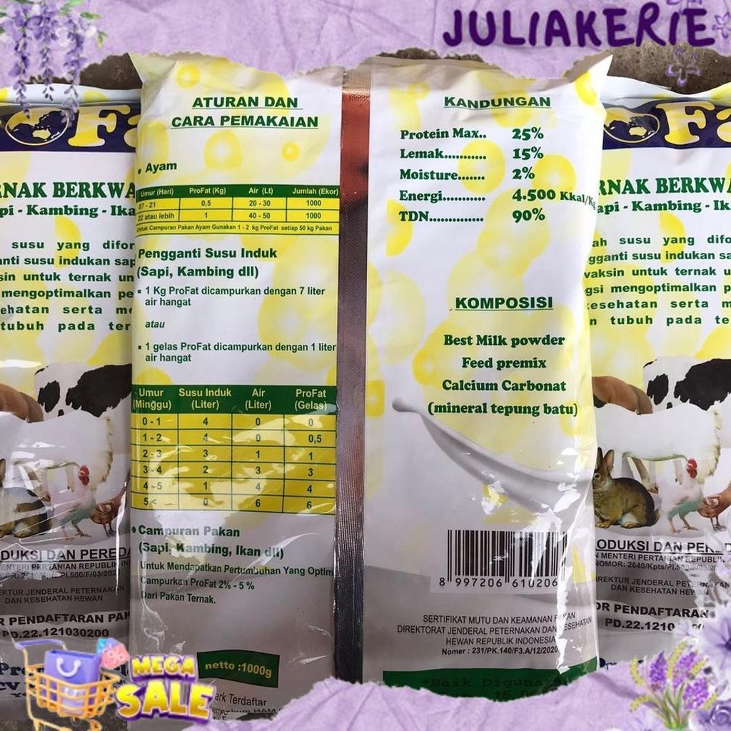 New produk PROFAT 1 KG SUSU FORMULA HEWAN Pengganti susu Indukan hewan ternak sapi,kuda,kelinci,ayam
