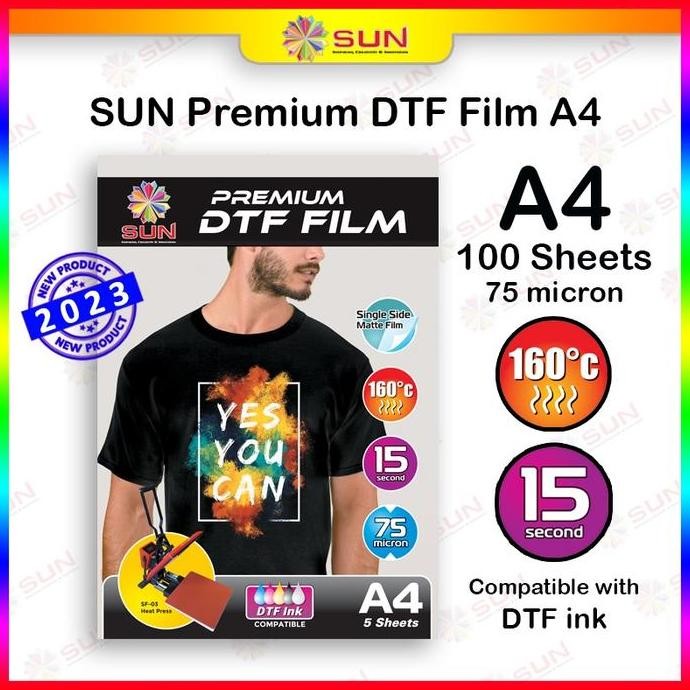 

BEBAS ONGKIR - Kertas Film Sablon DTF Transfer Paper A4 75 micron - SUN Premium DTF Film A4 isi 100 Lembar ( untuk mesin press kaos, keramik, piring, topi, plat alumium, puzzle, bantal )