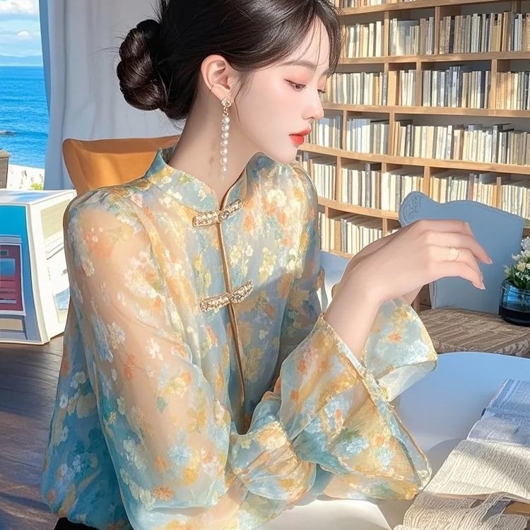 Kemeja Chiffon Kerah Tinggi Wanita Berkualitas Tinggi Kemeja Berdiri Gaya Nasional Gaya Cina Baru