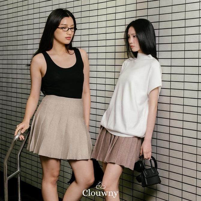 Clouwny Pleated Knit Skirt Bawahan Rok Wanita Korea Modern Korean Style Premium Knit Mini Pendek Cas