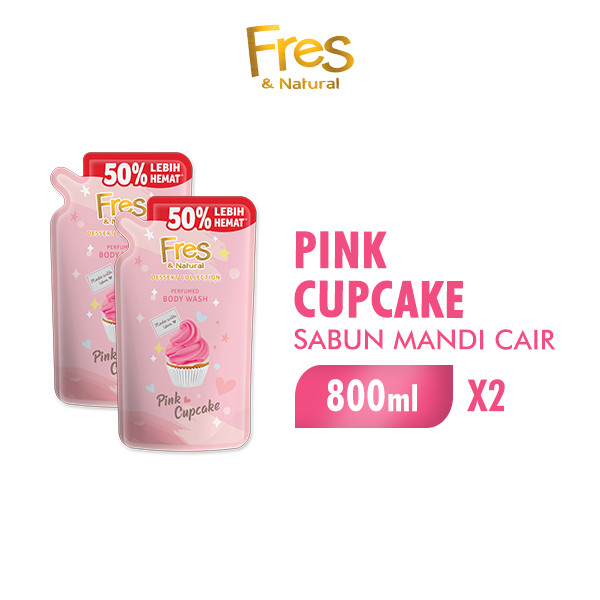 Fres & Natural Sabun Mandi Cair Pink Cupcake Pouch 800 ml x2