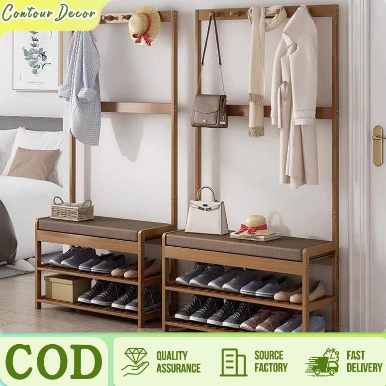 Bangku Kayu Multifungsi + Bantalan Empuk | Rak Sepatu Tersembunyi & Tempat Duduk Nyaman