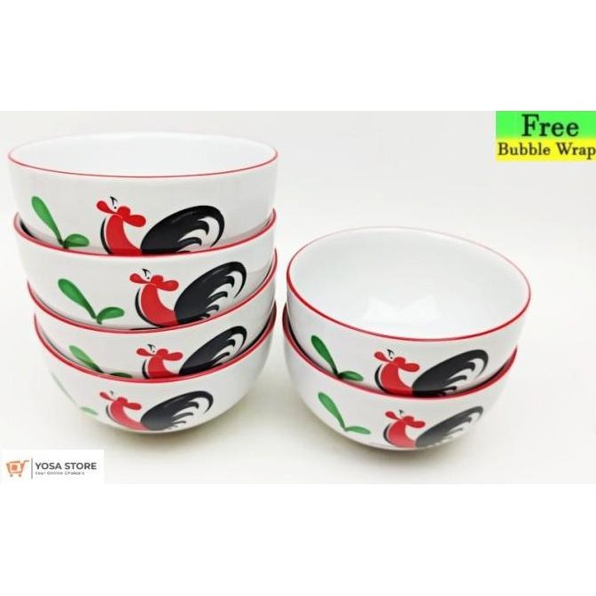 (Best) [Paket 6Pcs] Mangkok Keramik Motif Ayam Jago Siera Tebal Size 4 inchi