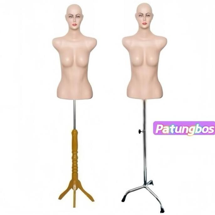 Patung Manekin Wanita Ada Kepala Tiang Besi & Kayu Badan Tinggi Adjustable Warna Beige Elegan untuk 