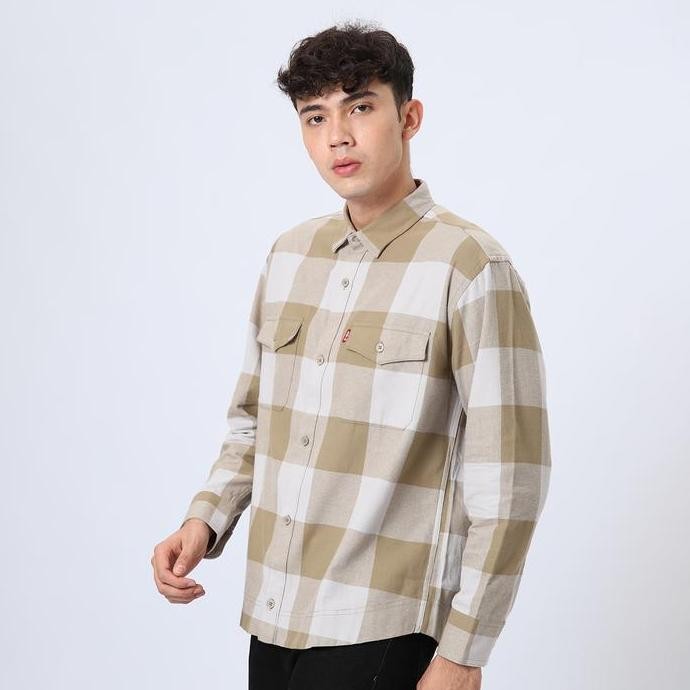 Edwin Jeans - Bastien Beige White Pepper Kemeja Flanel Lengan Panjang Pria Casual Motif Kancing Top 