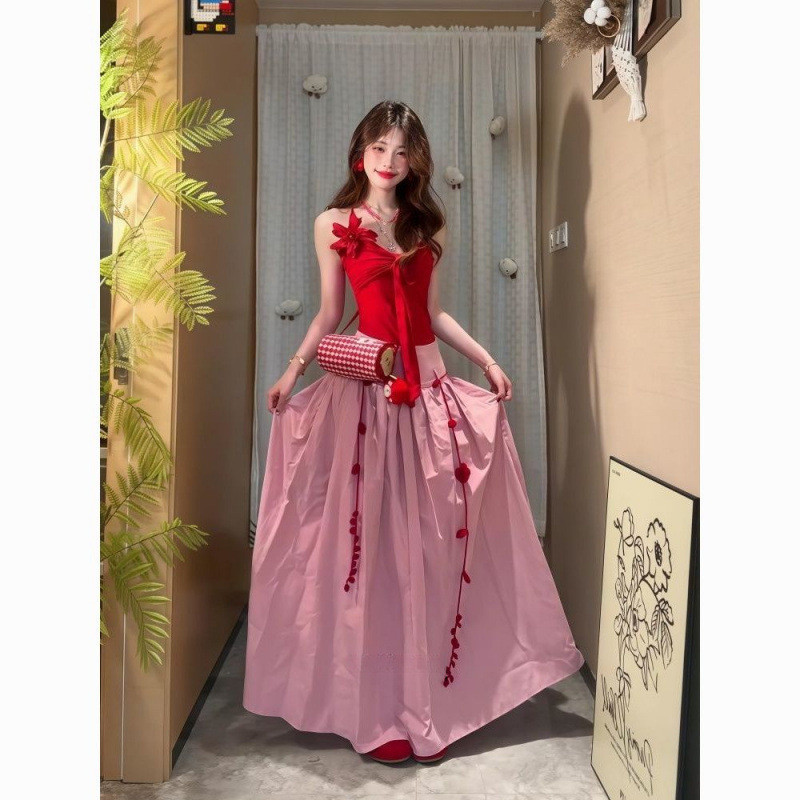 [CHIC HOUR]Rok kotak-kotak merah model A dengan ikat pinggang halter
