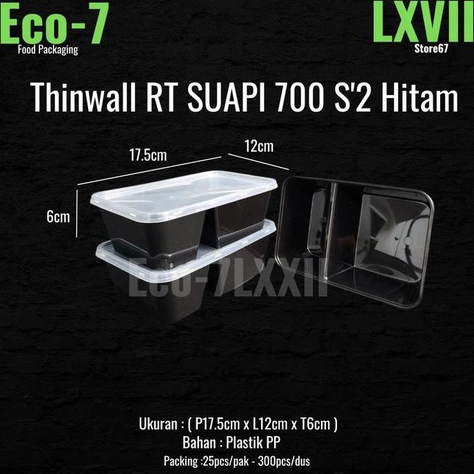 Lunch Box Plastik Thinwall Persegi Sekat 2 700Ml Hitam