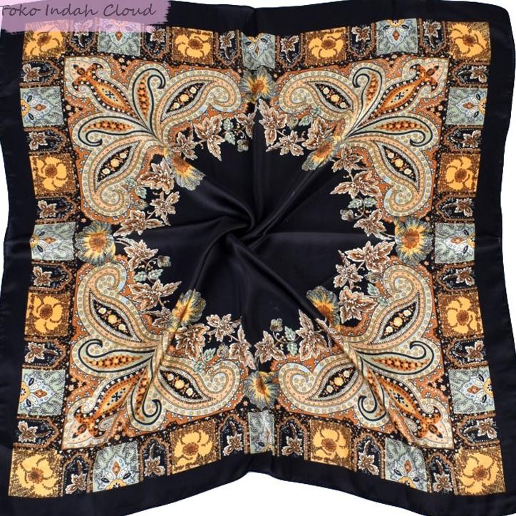 Kepala Syal 9090Cm Persegi Besar Syal Retro Bunga Mete Satin Dicetak Syal Sutra Eropa Dan Amerika Ha
