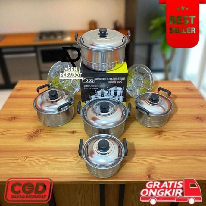 Promo Panci Set Isi 5 Pcs Panci Ndo Steamer 555s Stainless Steel Kitchenware COD