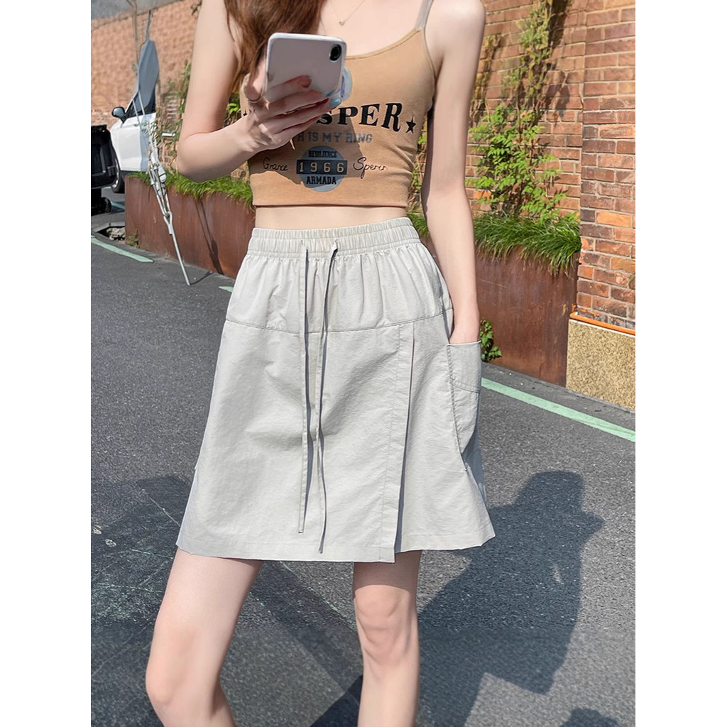 Summer Casual Shorts Elastic Waist Front Slit Design Cargo Skirt