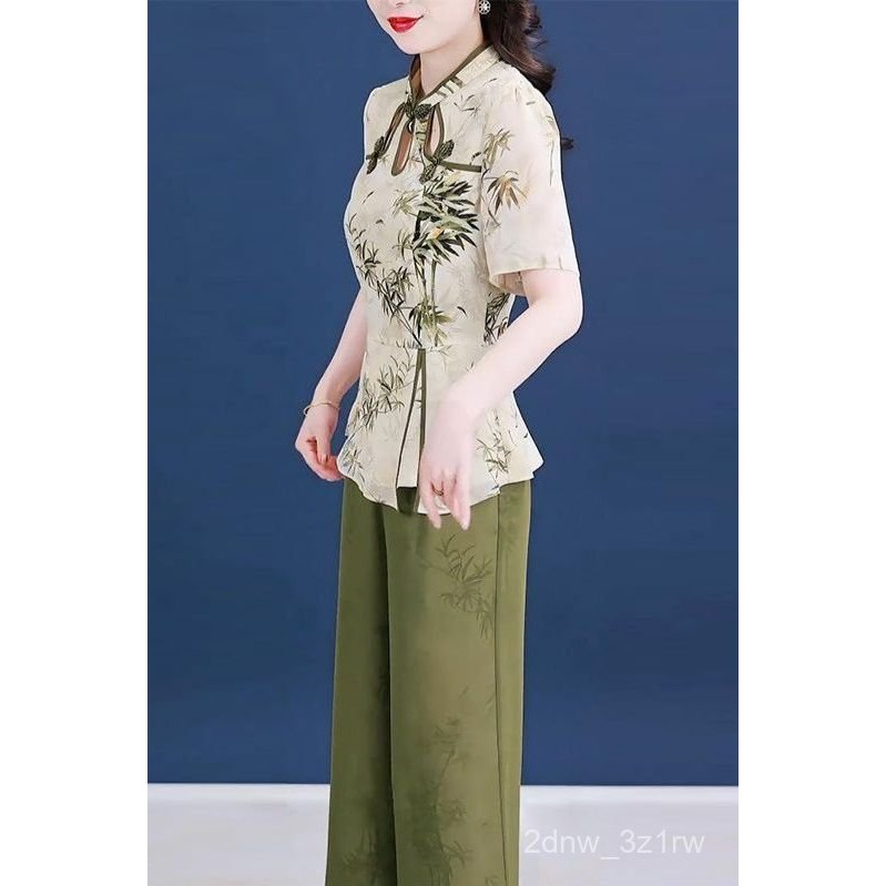 Set Dua Potong Atasan Cetak Slimming Fashionable Wanita dan Celana Lebar