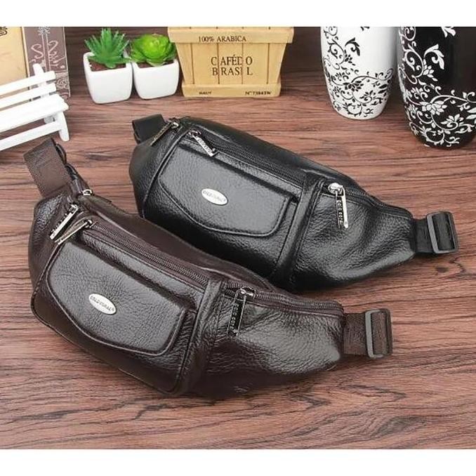 Waistbag Pria Tas Pinggang Kulit Asli Pria Import Hitam Slingbag