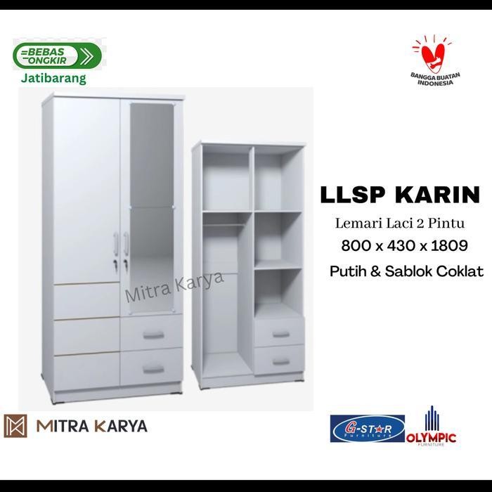 Lemari Pakaian Kayu 2 Pintu Full Kaca + Laci Luar Olympic Gstar Karin Terlaris Best Quality 100% Ori