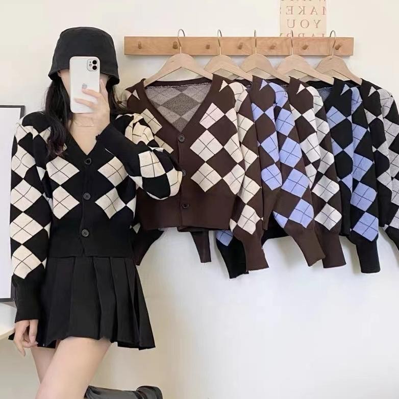 Ninabobo SL037 Kardigan Tebal Lengan Panjang Wanita Vintage Cardigan Outer Motif Kotak Kancing