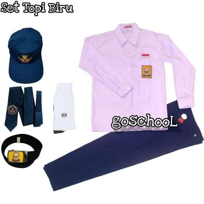 SET SERAGAM SEKOLAH SMP  BAJU PANJANG BIRU PUTIH SUPER LENGKAP LAKI KELAS 1 - 3 smp LS