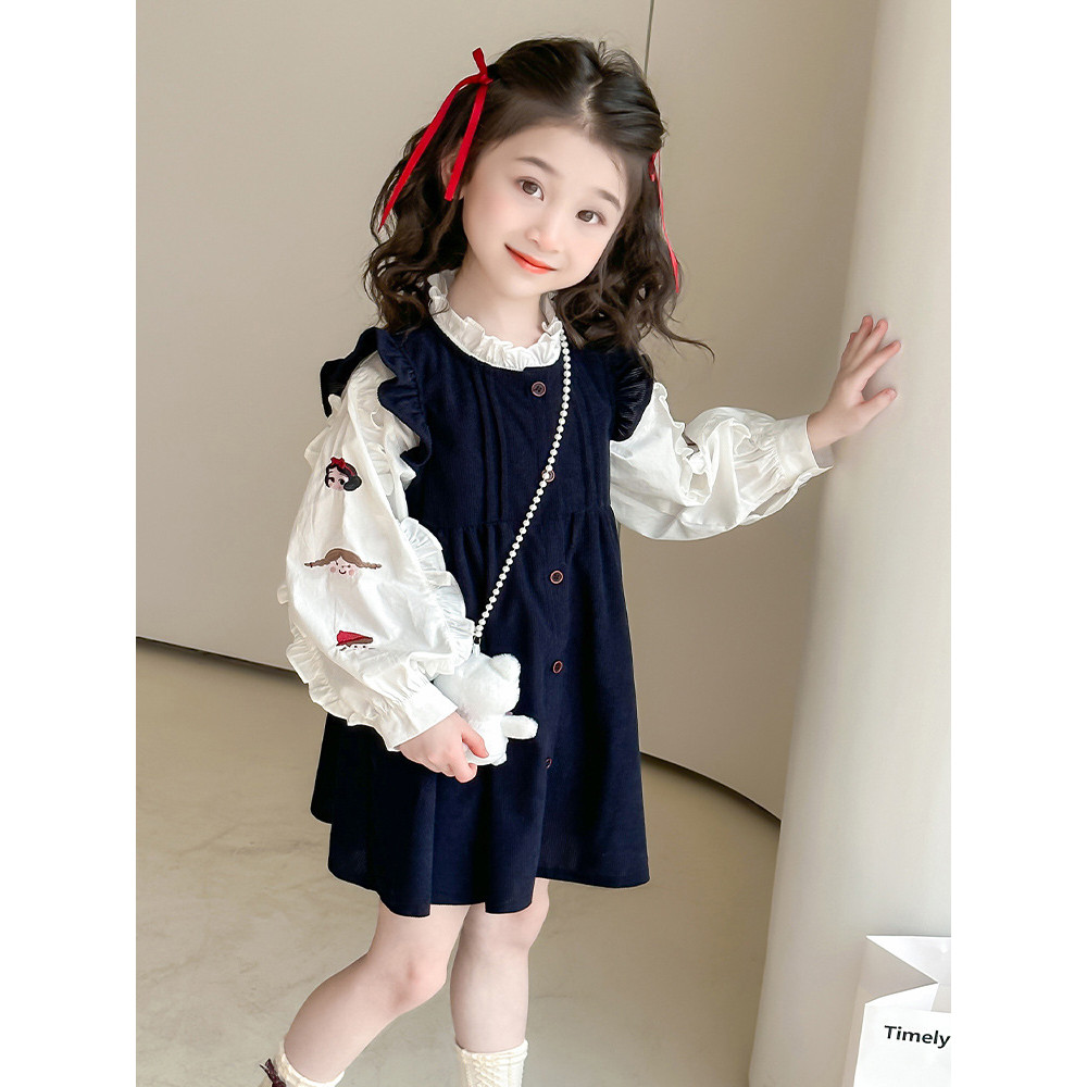 Set Rok Anak Perempuan Gaun Stylish Anak Kemeja Putih Lengan Panjang Dua Potong