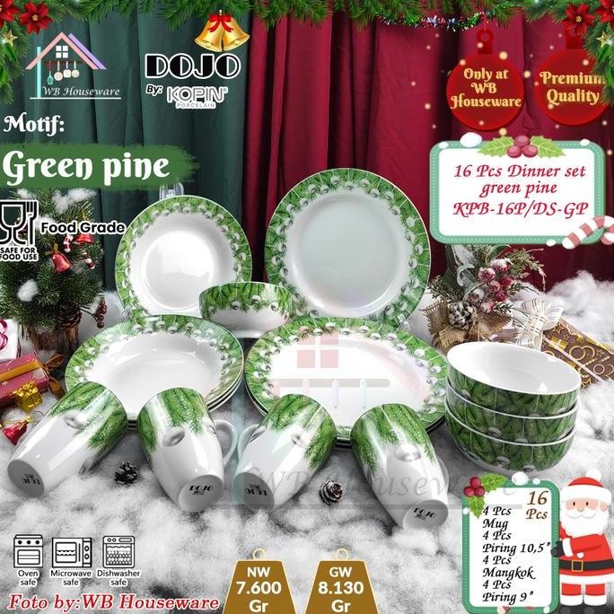 KOPIN 16pcs porcelain dinner set piring gelas mangkok motif Green Pine special natal christmas / ham