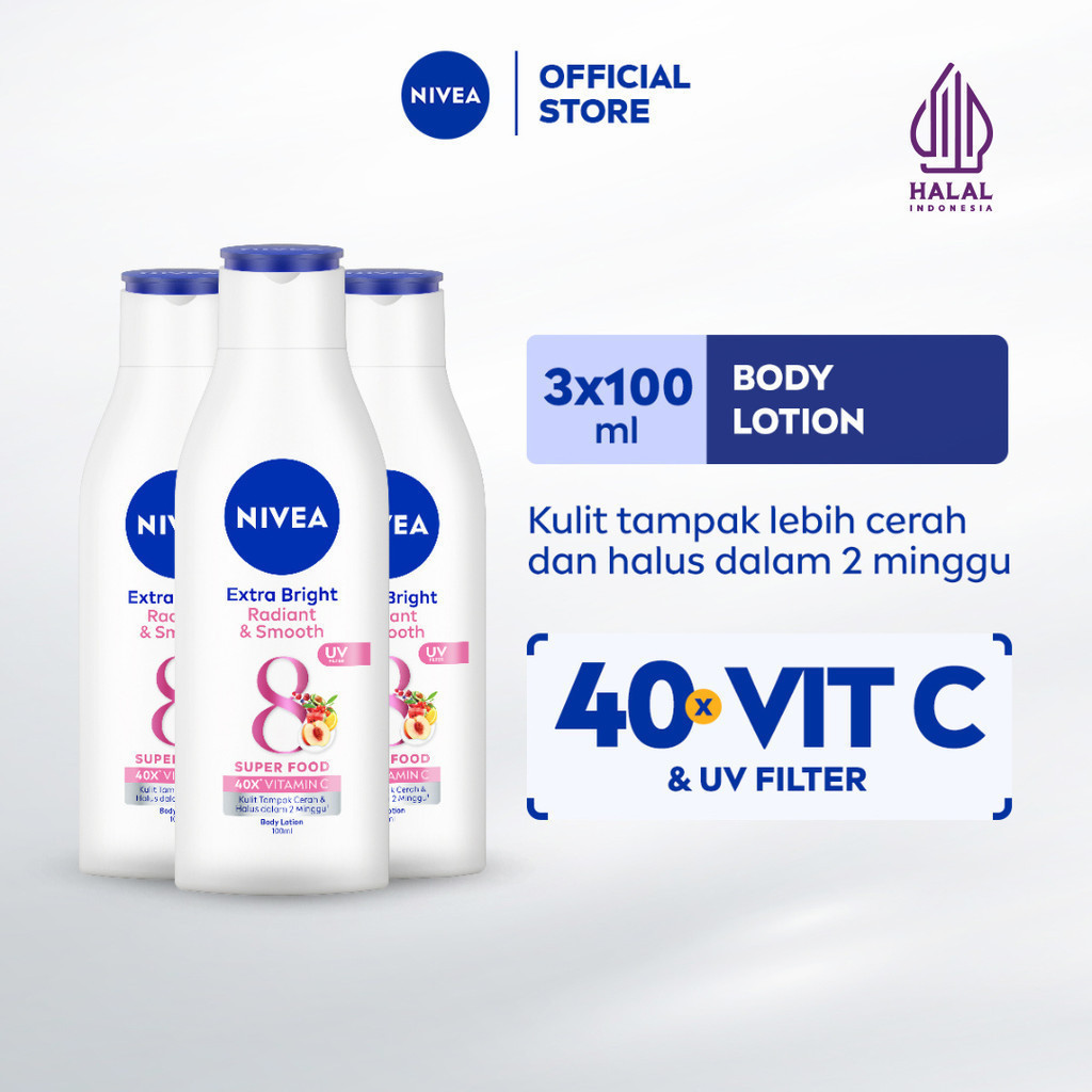 (PAKET HEMAT ISI 3) NIVEA Body Lotion Extra Bright Radiant & Smooth UV Filter 100ml - Hand body loti