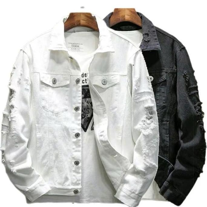 Jaket Jeans Denim Pria Sobek Polos Premium Cowok Keren Hitam Distro Casual Blazer
