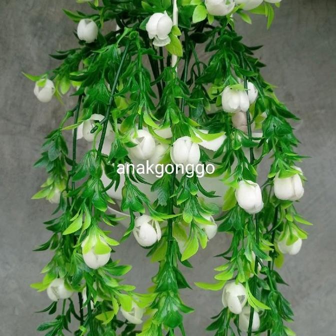 1 Set Tanaman Pot Gantung Tali Plastik Dan Bunga Artificial Priti Vernalya Putih Untuk Hiasan Pajang