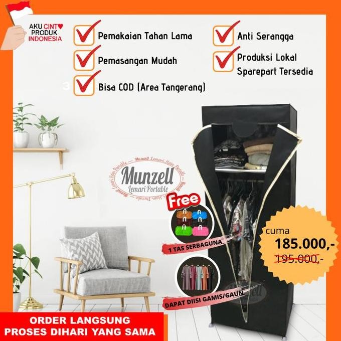 TERMURAH - LEMARI BAJU/PAKAIAN MUNZELL LPF-02 BLACK. Lemari Gantung +2 Sekat