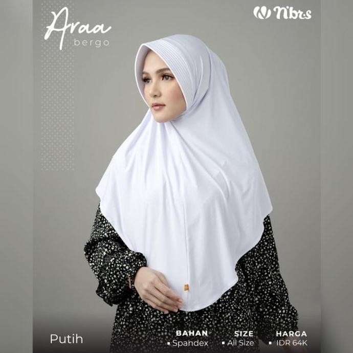 Promo Nibras Hijab Araa Bergo Warna Putih Polos Jilbab Instan Adem Spandek COD