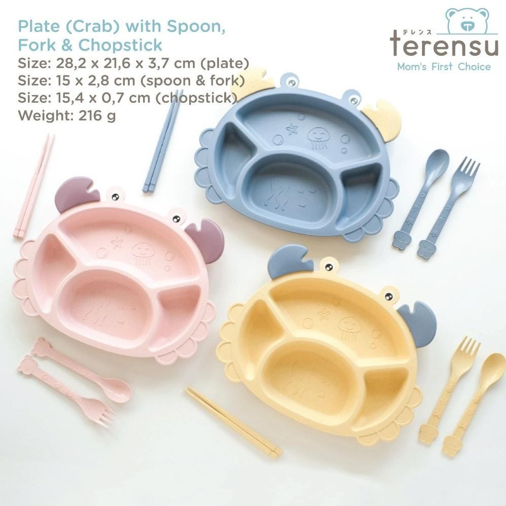 Model Baru Terensu Piring Makan Anak + Sendok Garpu Sumpit Motif Kepiting Set Perlengkapan Makan