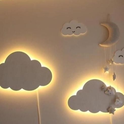 Hiasan Dinding Lampu Tidur Awan Bulan Sabit Aesthetic Kamar Wood