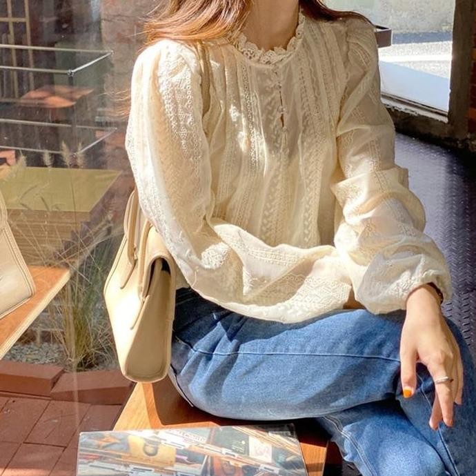 [PATRICIA]Blouse wanita putih lengan panjang renda Korea Style Atasan Baju