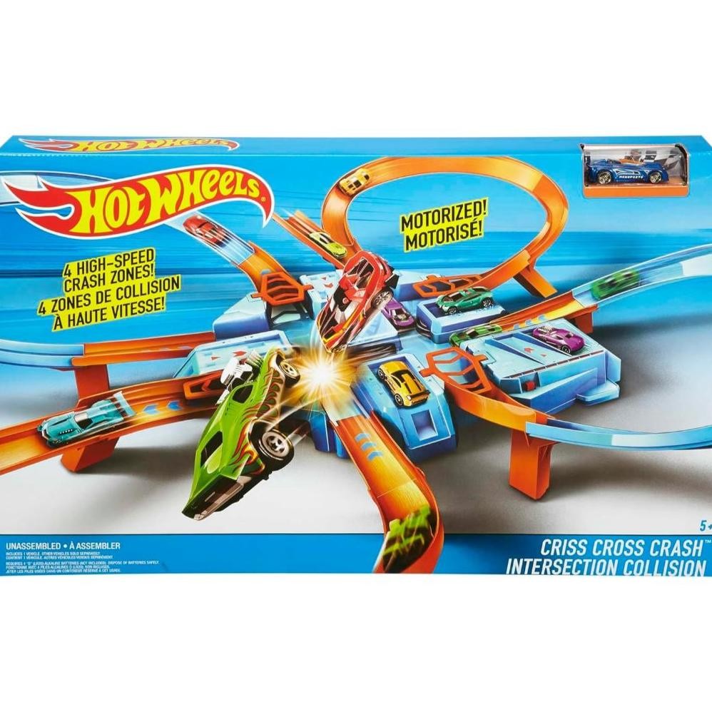 HOT WHEELS TOY CAR TRACK SET, CRISS CROSS CRASH WITH 1:64 SCALE VEHICLE, POWERED BY A MOTORIZED
