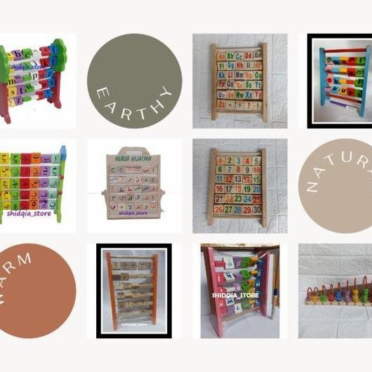 Mainan Kayu Anak Wooden block Aneka Sempoa HURUF ABJAD ANGKA HIJAIYAH