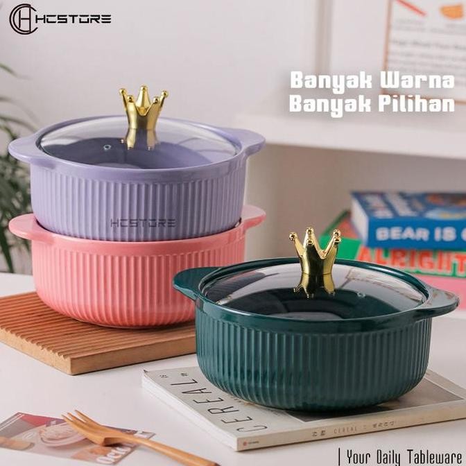 HCSTORE MANGKOK TUTUP BESAR JUMBO WARNA 2 LITER UKURAN 28cm DENGAN HANDLE TAHAN PANAS MANGKUK KERAMI