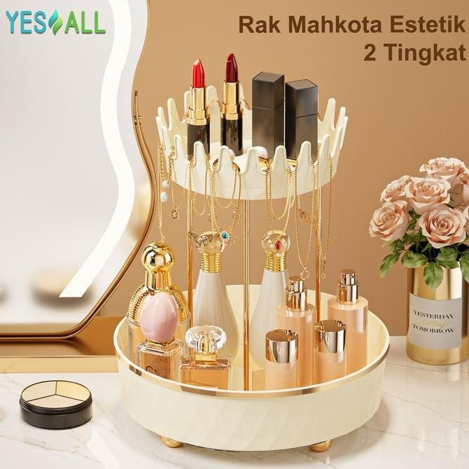 YESALL Rak Kosmetik 2 Tingkat Estetik - Tempat Makeup & Perhiasan | Tray Atas Mahkota, Bawah Bisa Di